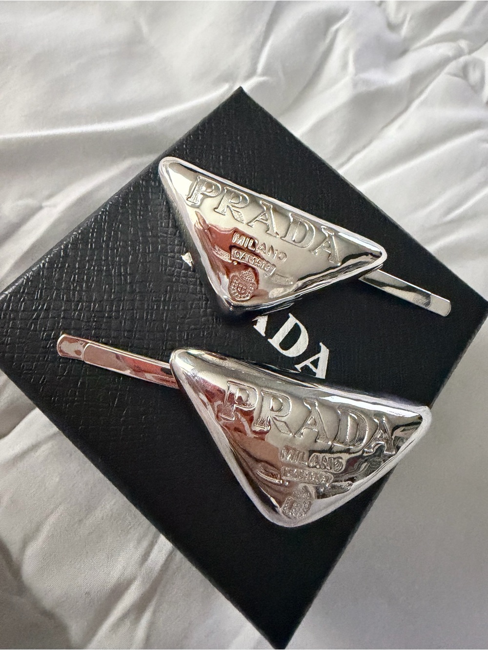 Prada Silver Triangle Logo Hair Clips
